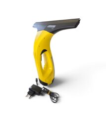 Yellow handheld window cleaning tool with squeegee head and black top, branded Kärcher, connected to a charger.