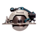 Makita cordless circular saw with blue and black handle and metal blade guard on a flat surface
