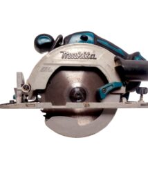 Makita cordless circular saw with blue and black handle and metal blade guard on a flat surface