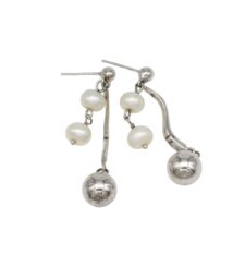 Silver-tone dangling earrings with small white pearls and a round silver ball charm at the end