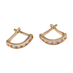 Gold-tone curved hoop earrings set with clear gemstones along the bottom edge (pair shown).