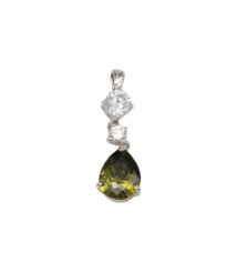 Pendant with three stones: two small round diamonds above a pear-shaped yellow-green gemstone, set in silver