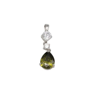 Pendant with three stones: two small round diamonds above a pear-shaped yellow-green gemstone, set in silver