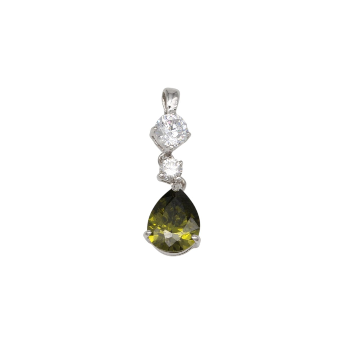 ffa0dfe647c9b32aa0019239af39b1f3jpg - Mezola OÜ Pendant with three stones: two small round diamonds above a pear-shaped yellow-green gemstone, set in silver