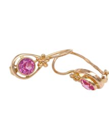 Gold drop earrings with a pink faceted gemstone in a circular frame and a small flower accent.