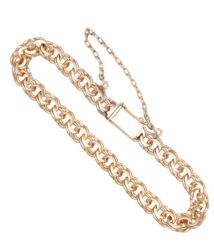 Rose gold-toned chain bracelet with a chunky linked design and a rectangular box clasp on a white backdrop.