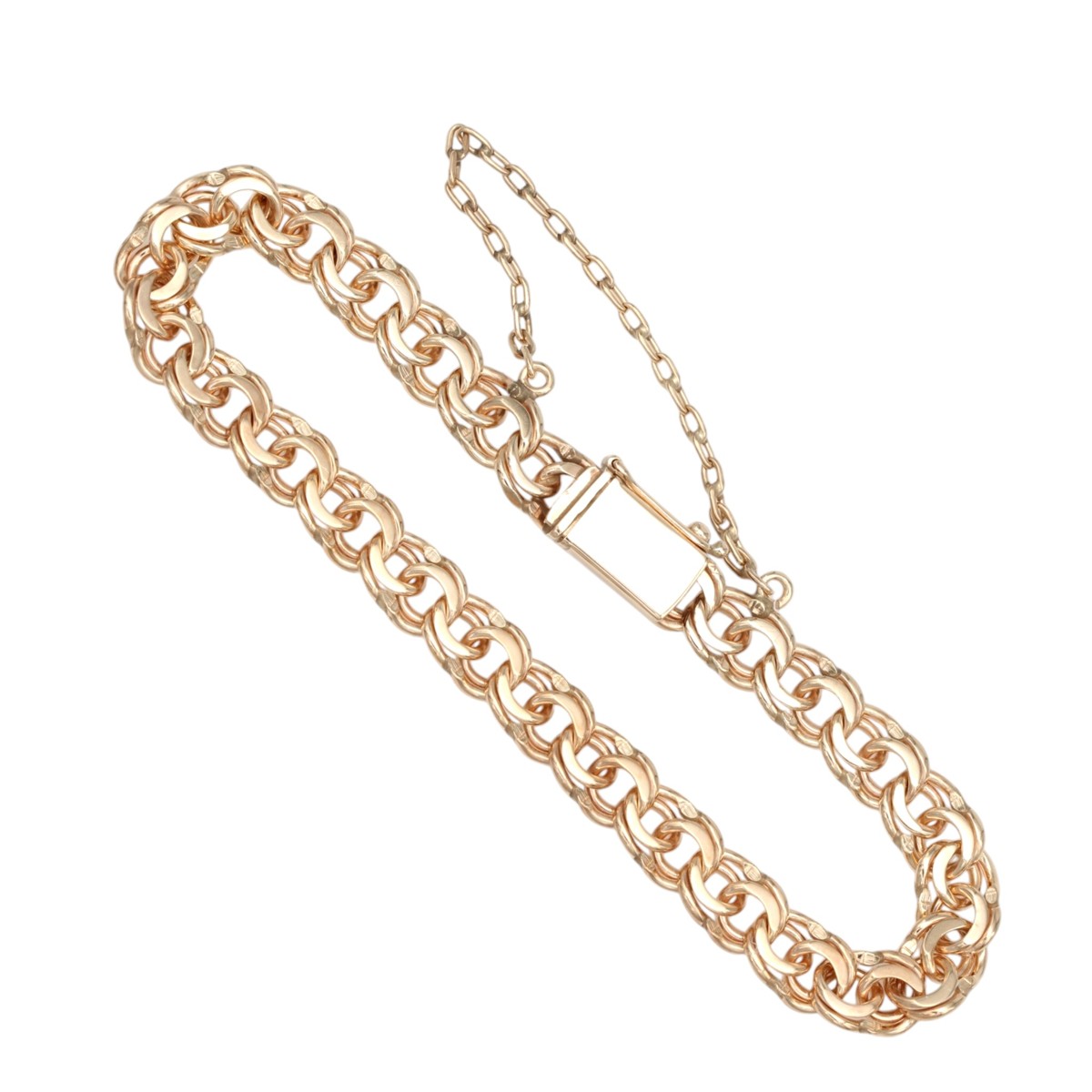 077a64475caeef1ddac6e13a2667c15ejpg - Mezola OÜ Rose gold-toned chain bracelet with a chunky linked design and a rectangular box clasp on a white backdrop.