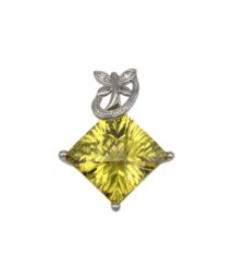 Silver pendant with a yellow square-cut gemstone and a leafy bail at the top.