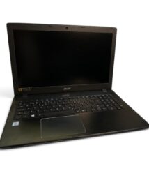 Open black Acer laptop with screen off, keyboard visible, placed on a white background (screen blank).