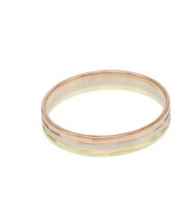 Tri-tone metal ring with alternating rose gold, silver, and yellow gold bands.