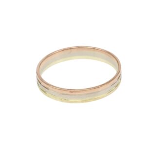 Tri-tone metal ring with alternating rose gold, silver, and yellow gold bands.
