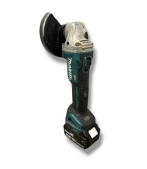 Cordless Makita angle grinder with a circular abrasive disc and battery pack.