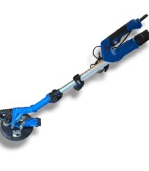 Blue powered angle grinder on a long handle with a circular grinding disc at the end, used for surface grinding.