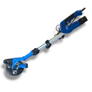 Blue powered angle grinder on a long handle with a circular grinding disc at the end, used for surface grinding.