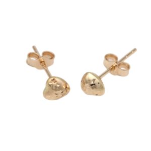 Gold heart-shaped stud earrings with delicate floral engravings on the surface; pair shown against a white background.