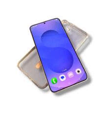 Smartphone with a purple wallpaper and a clear protective case, angled diagonally on a white background, showing home screen icons at the bottom edge.