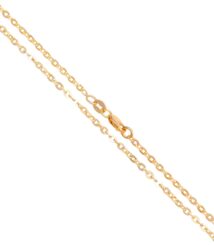 Two gold chain necklaces with small oval links and a lobster clasp, arranged diagonally on a white background.