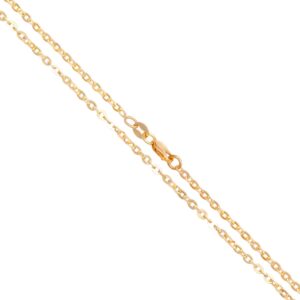 Two gold chain necklaces with small oval links and a lobster clasp, arranged diagonally on a white background.