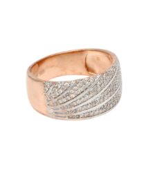 Rose gold ring with pavé diamonds arranged in diagonal silver bands on the top surface