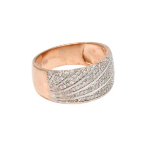 Rose gold ring with pavé diamonds arranged in diagonal silver bands on the top surface