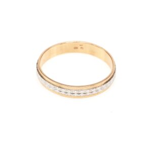 Two-tone gold ring with a rose-gold inner band and a textured white-gold center pattern, shown from the side.