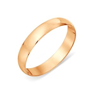 Rose gold polished wedding band photographed on a white background.