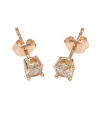 Rose gold stud earrings featuring a single round-cut clear gemstone set in a four-prong square setting.