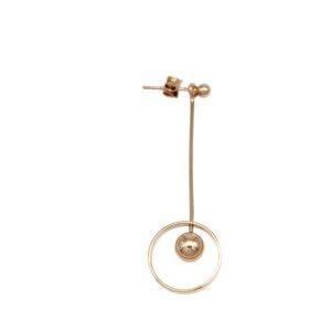 Gold-tone drop earring with a long slender stem and a circular hoop at the bottom, containing a small gold ball inside the hoop