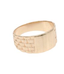 Gold-toned wide band ring with a brick-pattern textured front panel on a smooth back surface
