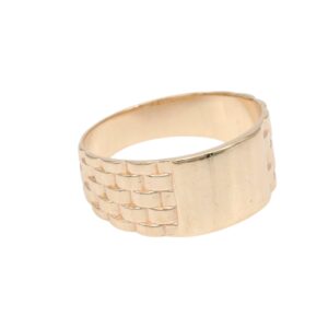 Gold-toned wide band ring with a brick-pattern textured front panel on a smooth back surface