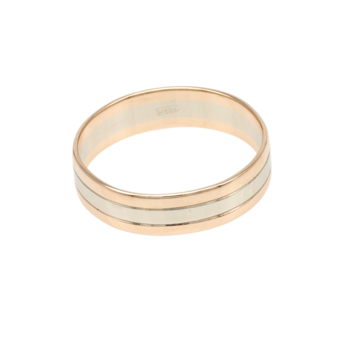 3fd44cddd24f5b1630573dae91e1e1c1jpg - Mezola OÜ Two-tone gold ring with a light central inlay running along its band, rose gold edges and a pale centerpiece