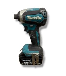 Cordless Makita drill with teal and black body and 18V battery attached