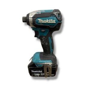 Cordless Makita drill with teal and black body and 18V battery attached