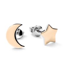 Two-tone crescent moon and star earrings (gold crescent, gold-tone star) with silver posts on a white background.