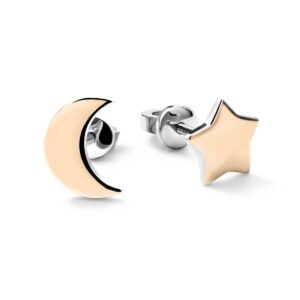 Two-tone crescent moon and star earrings (gold crescent, gold-tone star) with silver posts on a white background.