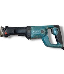 Reciprocating saw (Makita) with teal body and black grip, showing wear and corded power cord trailing off the right side used for cutting materials