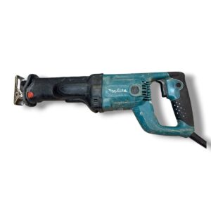 Reciprocating saw (Makita) with teal body and black grip, showing wear and corded power cord trailing off the right side used for cutting materials