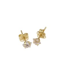 Gold stud earrings with clear gemstones set in a prong setting on a white background