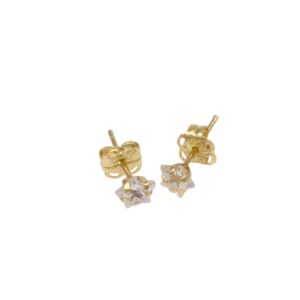 Gold stud earrings with clear gemstones set in a prong setting on a white background