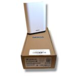 White Nokia WiFi router standing on a brown Nokia box, showing the device and packaging.