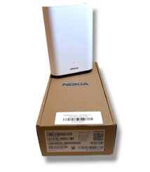 White Nokia WiFi router standing on a brown Nokia box, showing the device and packaging.