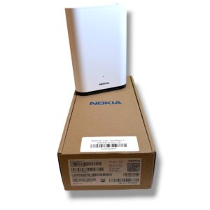 White Nokia WiFi router standing on a brown Nokia box, showing the device and packaging.