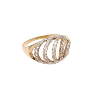 Gold ring with multiple intertwined bands encrusted with small diamonds.