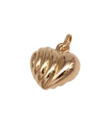 Gold-tone heart pendant with twisted ribbed grooves and a small loop for a chain, on a white background