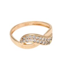 Rose gold ring with a twisted band and a row of small diamonds along the curve (pavé) detail.