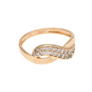 Rose gold ring with a twisted band and a row of small diamonds along the curve (pavé) detail.