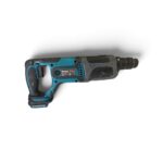 Cordless hammer drill in teal and black with battery attached, facing to the right