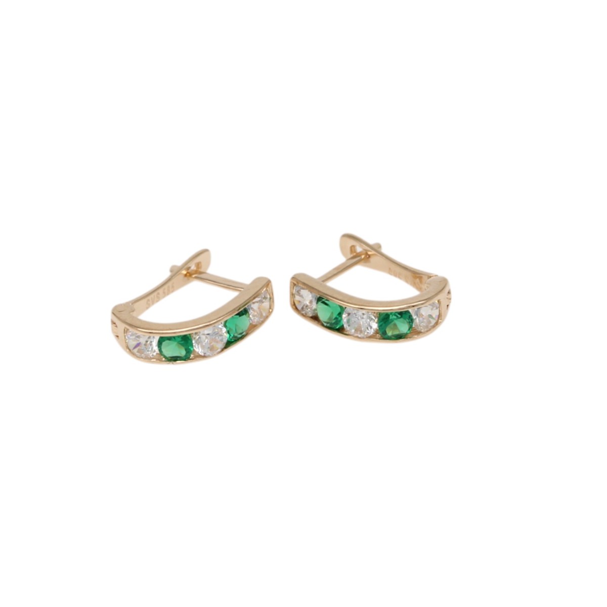 651f2514269e386f9b0ea9aeee045a94jpg - Mezola OÜ Gold curved hoop earrings set with alternating green and clear stones for a jeweled look.