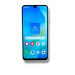 Smartphone with blue home screen showing app icons and a Google search bar, viewed from front-right angle to show the notch at the top side.