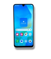 Smartphone with blue home screen showing app icons and a Google search bar, viewed from front-right angle to show the notch at the top side.